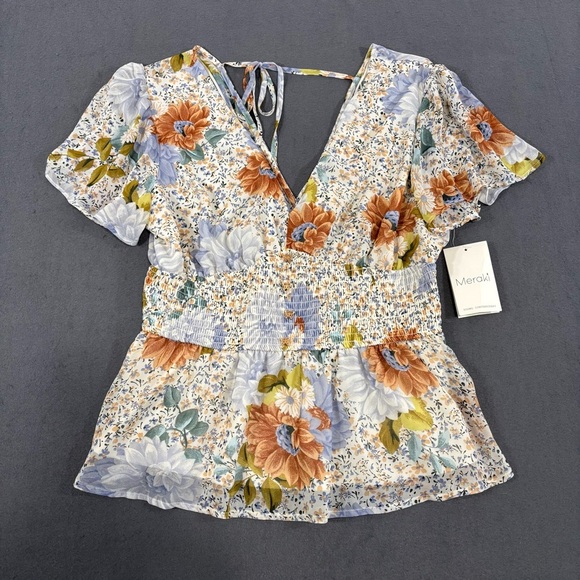 Meraki Women’s Floral Flutter Cinched V Neck Blouse Top SZ medium NWT - Picture 1 of 7